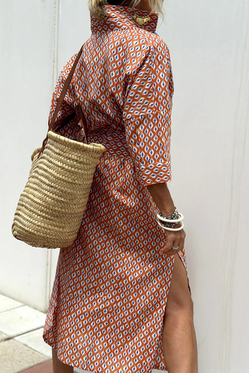 Tied Button Up Three-Quarter Sleeve Dress OutfitFlow