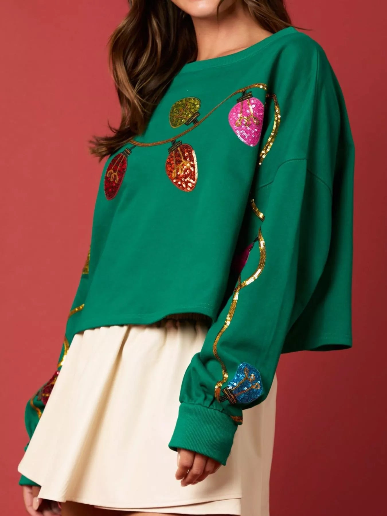 Christmas Holiday Lights Sequin Embellished Sweatshirt OutfitFlow
