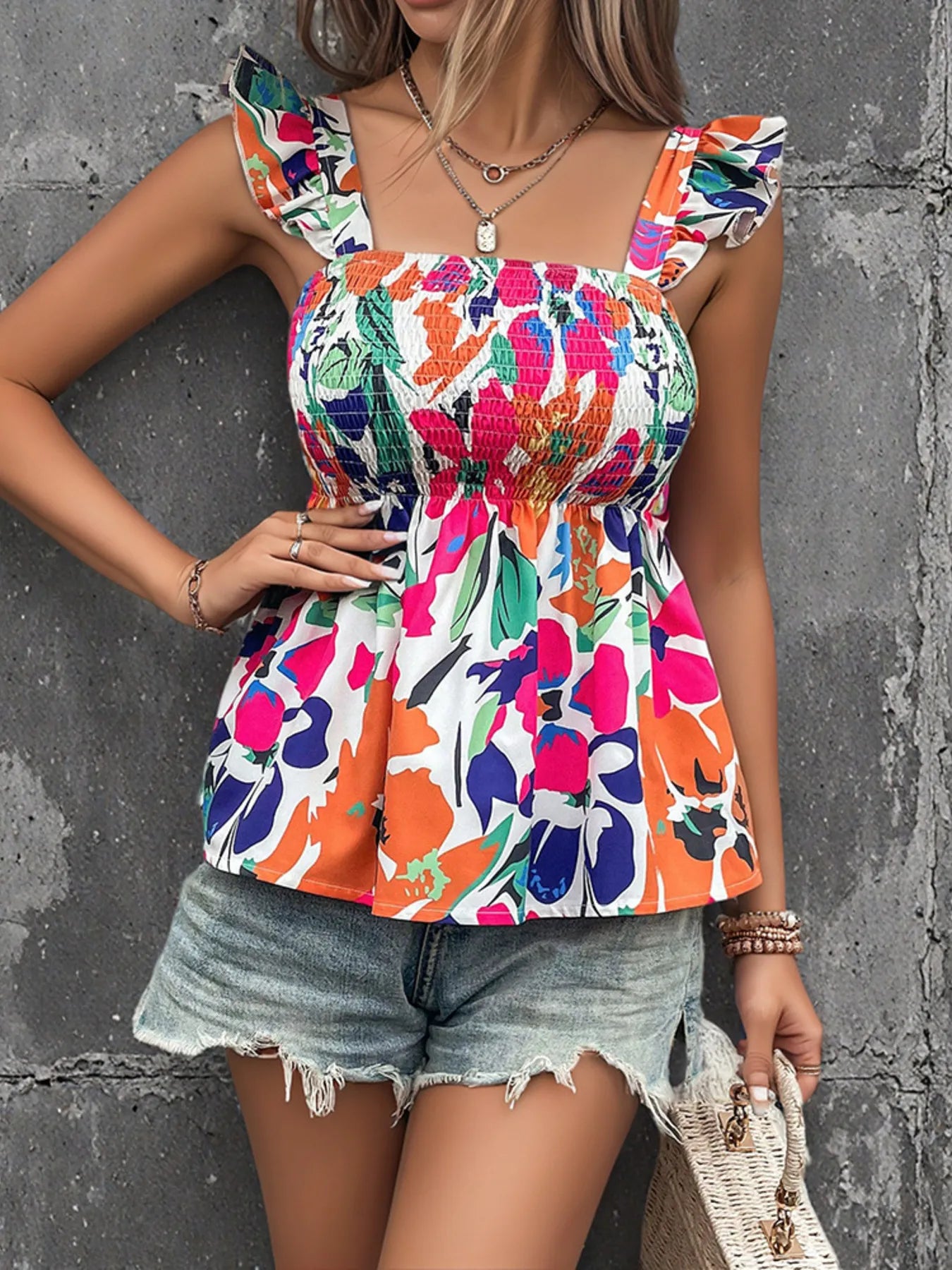 Smocked Printed Ruffled Blouse OutfitFlow