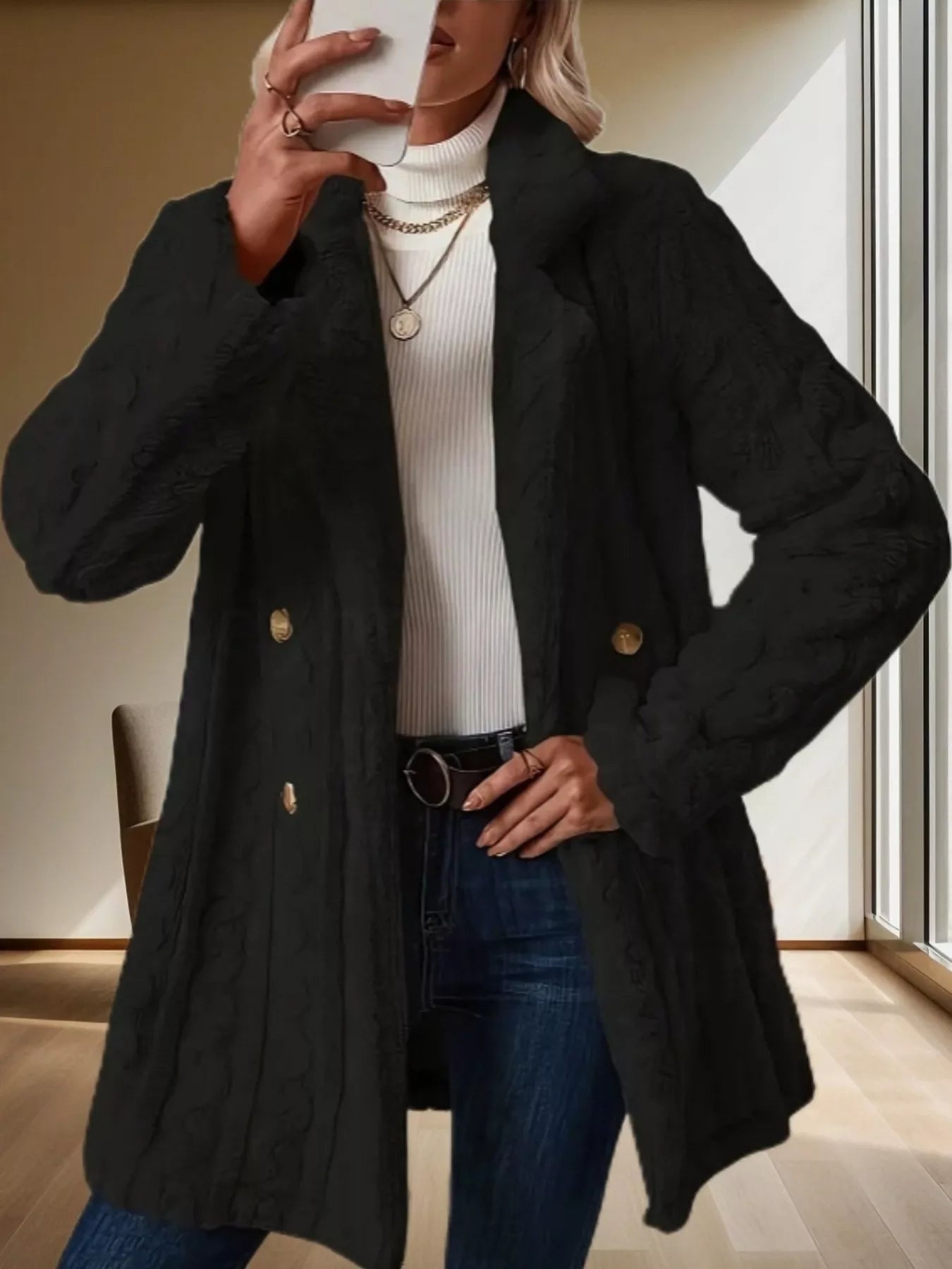 Double-Breasted Fleece Longline Coat Black OutfitFlow