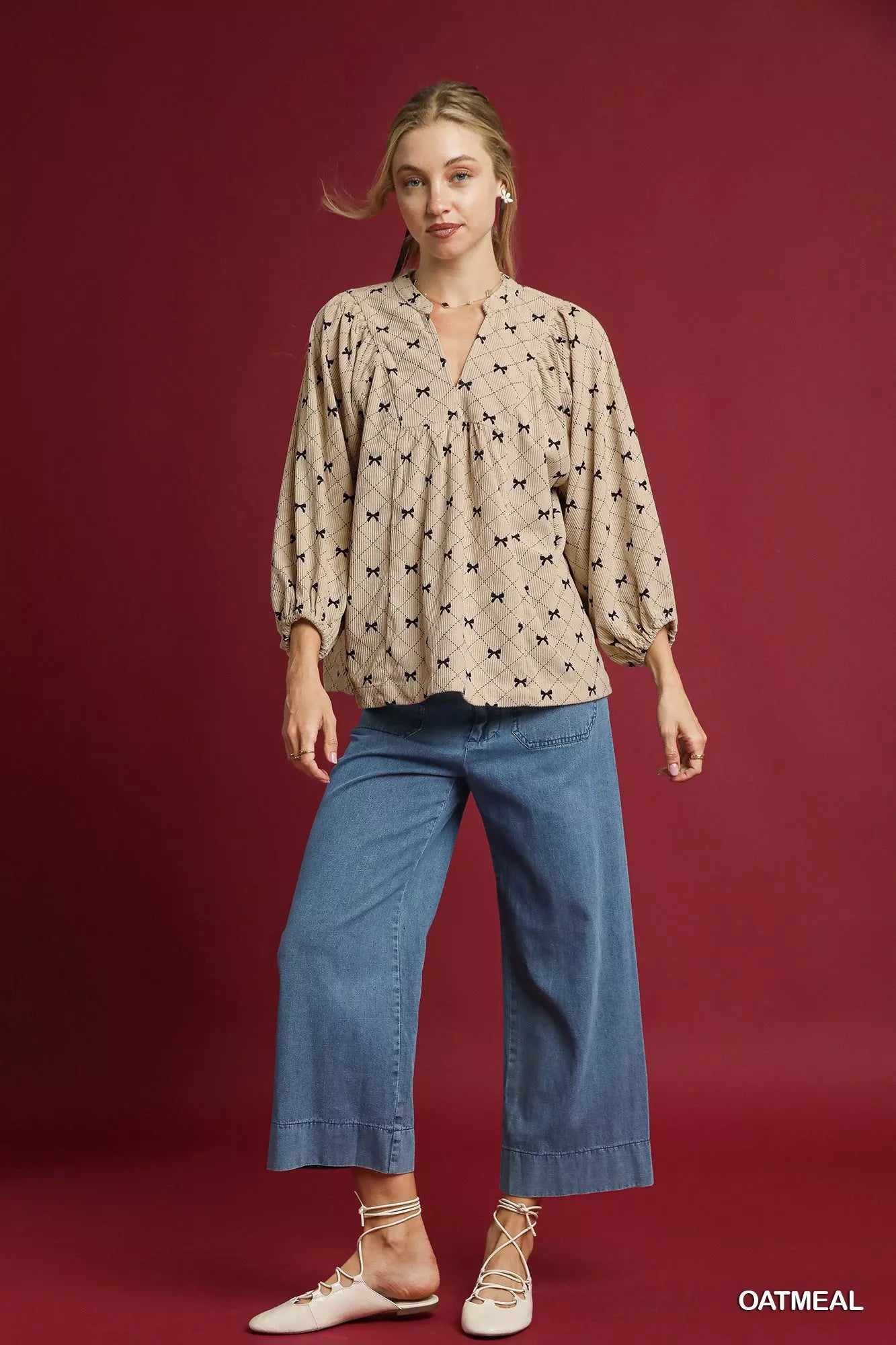 Umgee Corduroy Bow Print Balloon Sleeve Blouse Trendsi