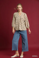 Umgee Corduroy Bow Print Balloon Sleeve Blouse Trendsi