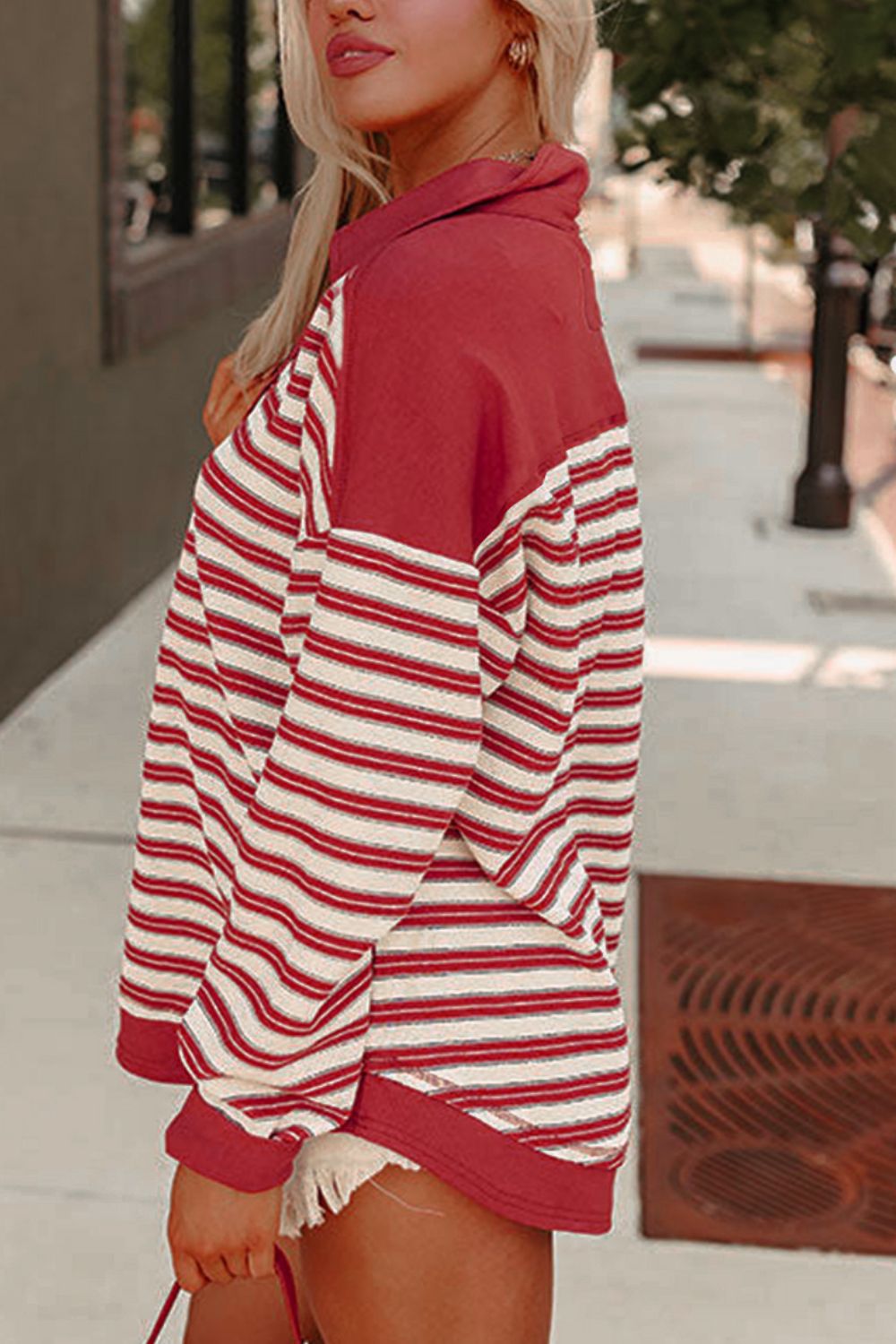 Outfit Flow - Stripe Johnny Collar Drop Shoulder Sweatshirt