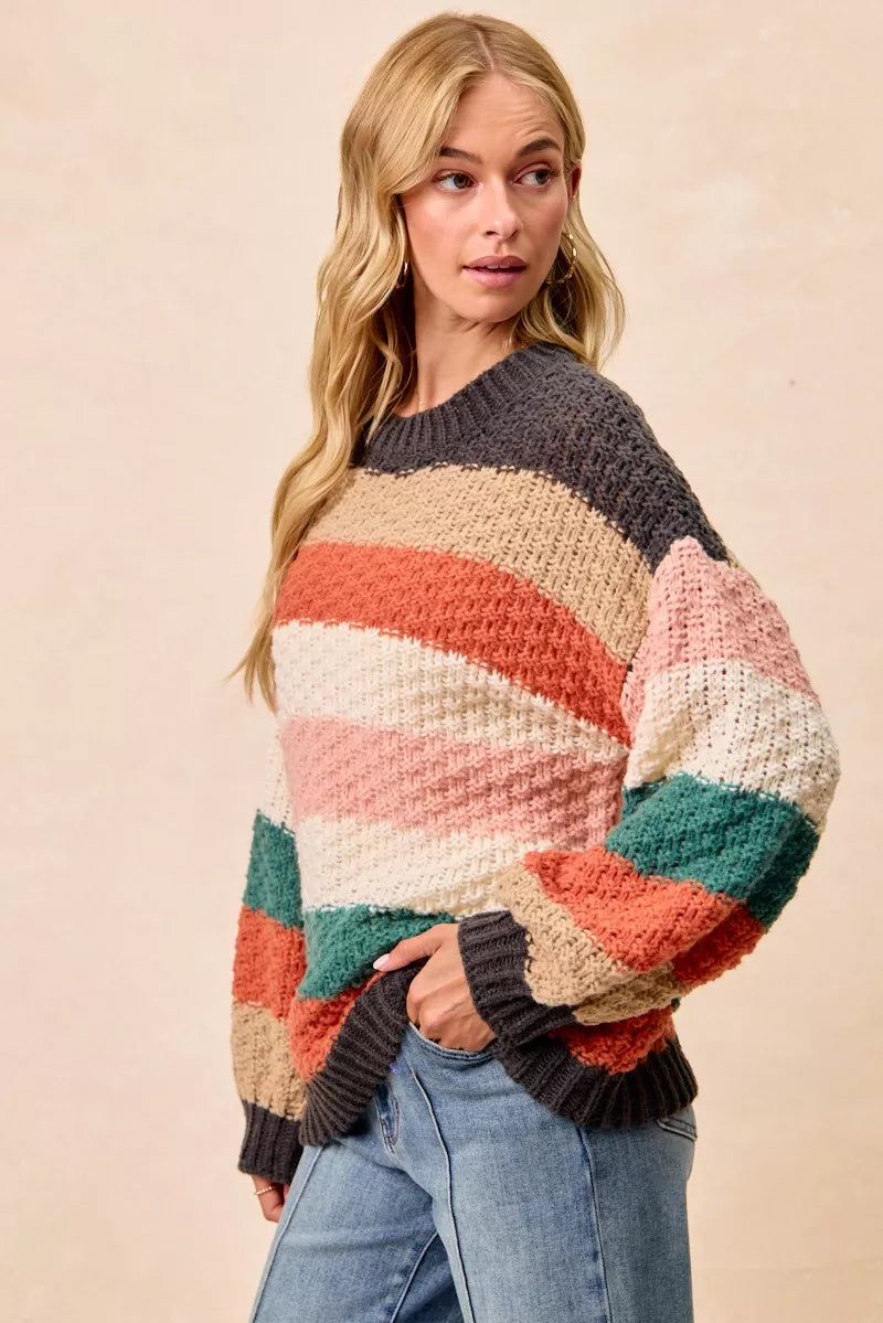 BiBi Stripes Color Block Chunky Sweater OutfitFlow