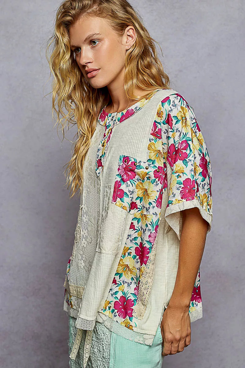 POL Lace Round Neck Short Sleeve Floral Pattern Top with Patch Detail OutfitFlow