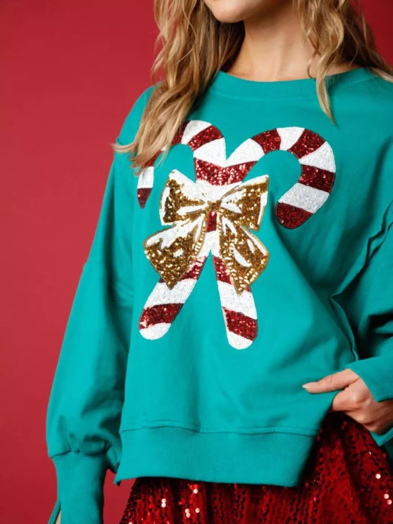 Christmas Candy Cane Bow Dropped Shoulder Sweatshirt OutfitFlow