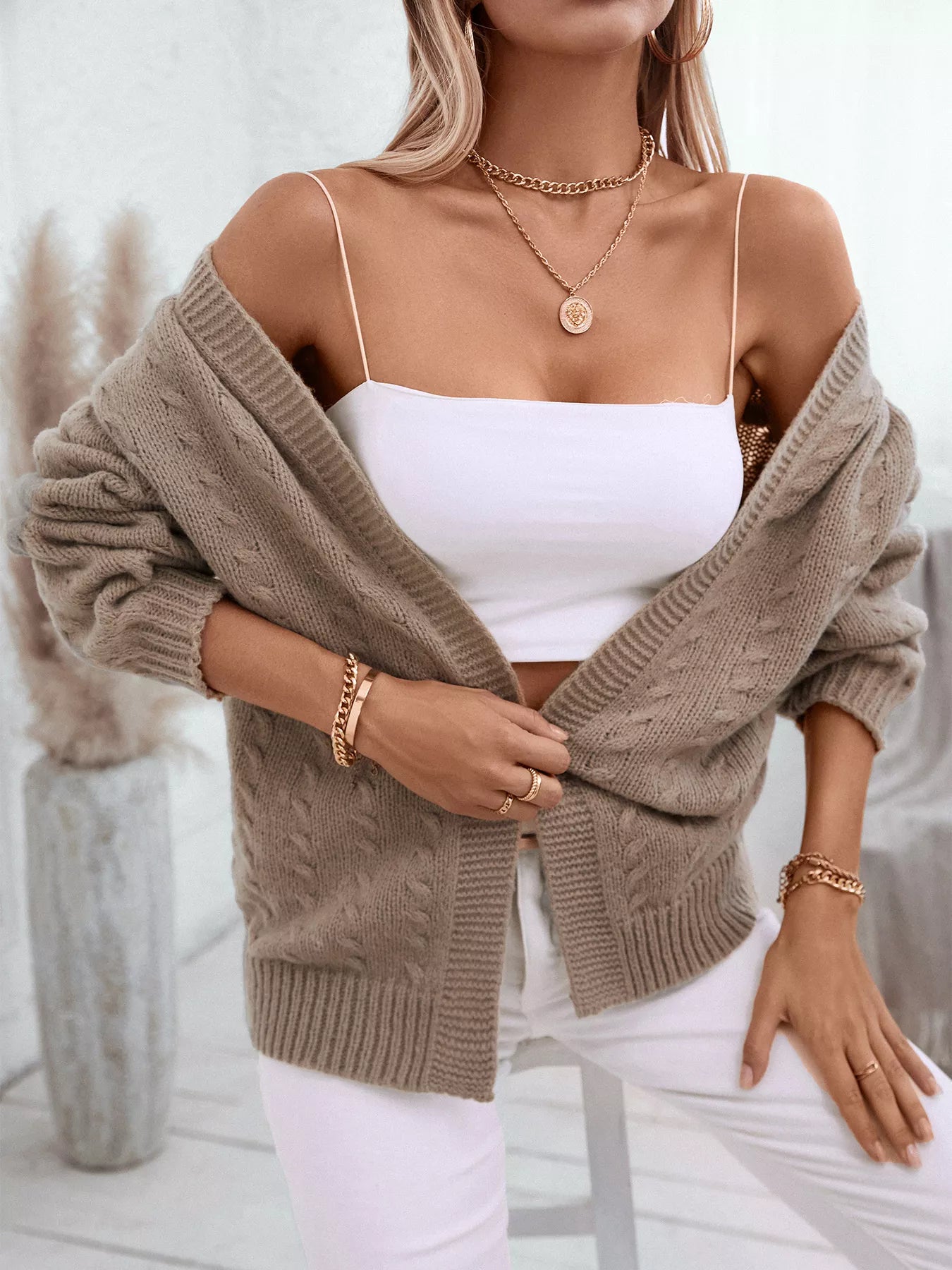 Cable Knit Open Front Hooded Cardigan Trendsi