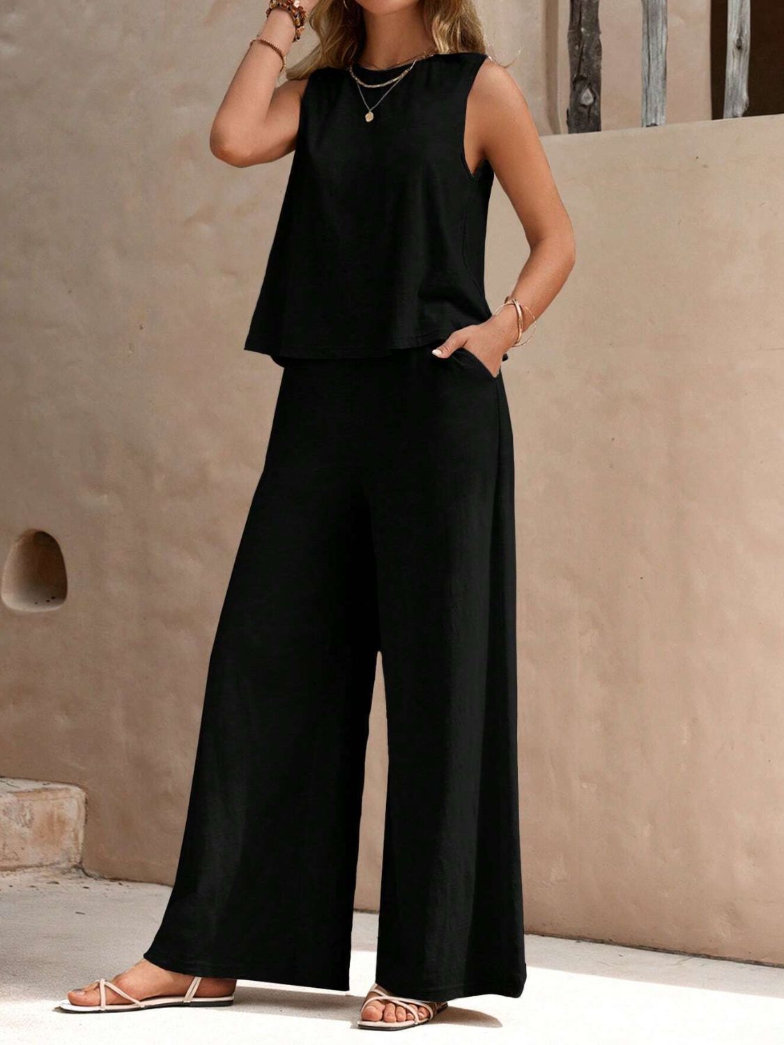 Outfit Flow - Round Neck Sleeveless Top and Wide Leg Pants Set