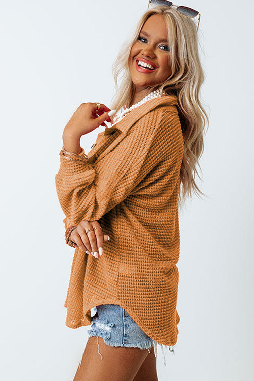 Outfit Flow - Waffle-Knit Collared Neck Long Sleeve Shirt