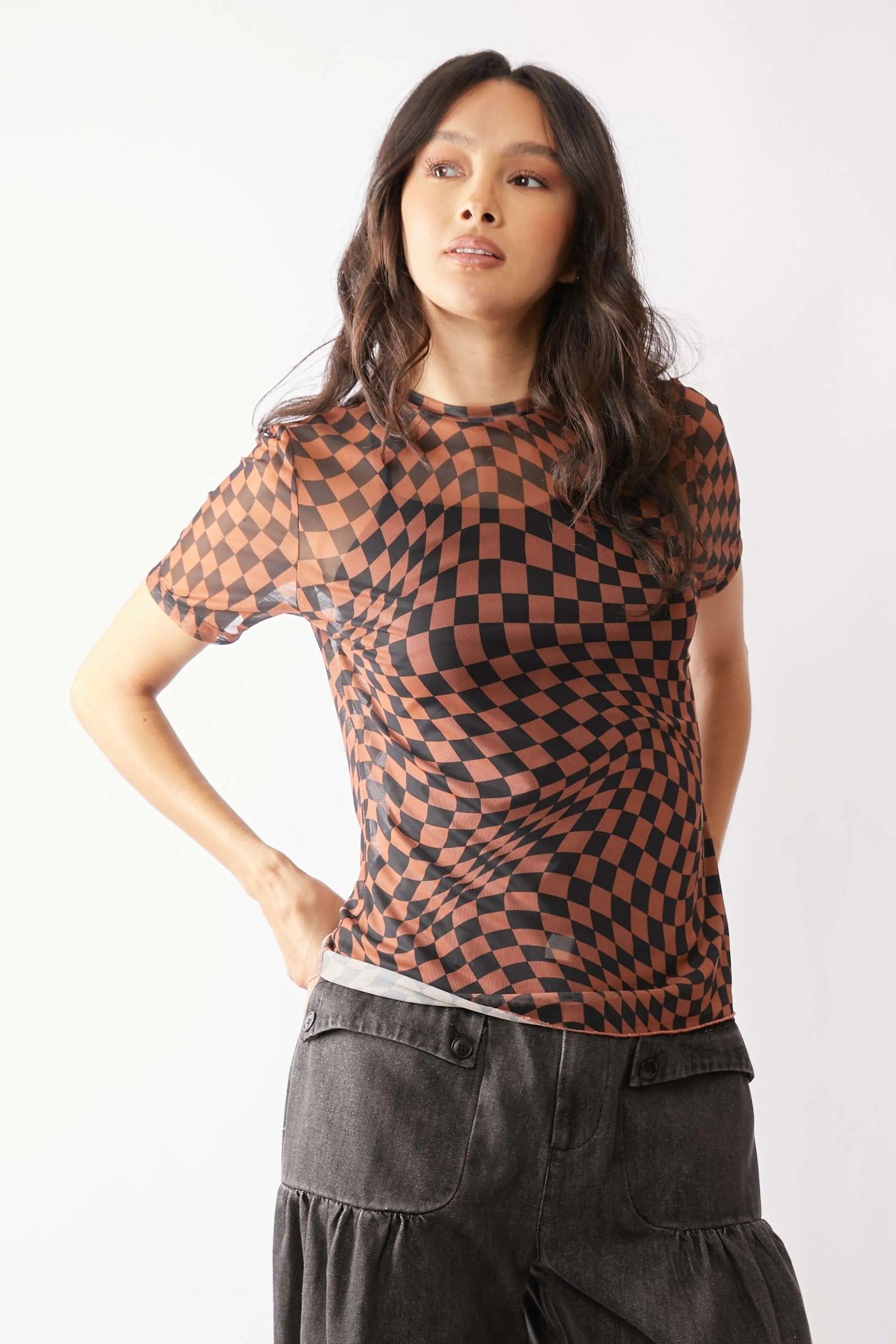 Davi & Dani Checker Board Printed Mesh Short Sleeve Top OutfitFlow