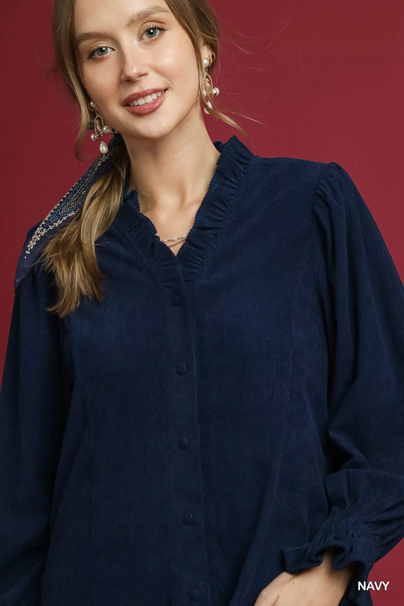 Umgee Corduroy Ruffle Shirt with Long Puff Sleeves OutfitFlow