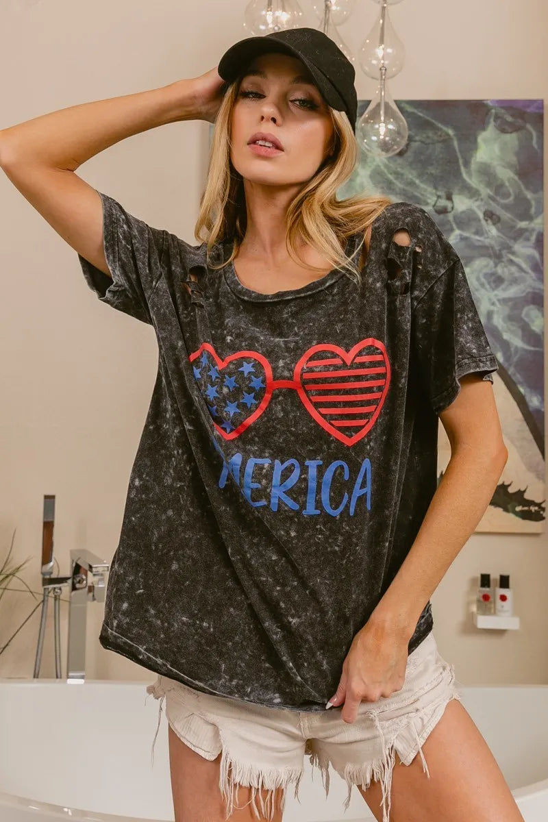 BiBi 4th Of July Theme Mineral Washed Laser Cut Top OutfitFlow