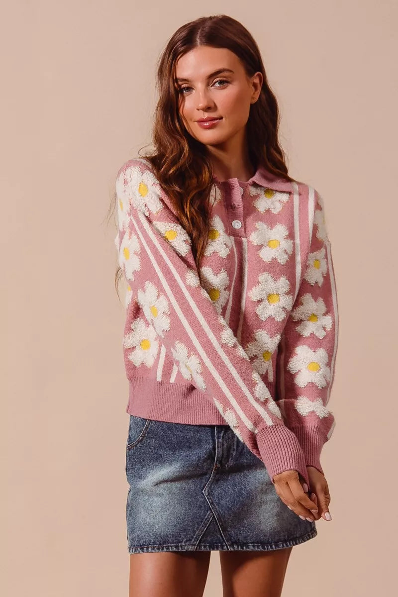 SO ME Floral Stripe Polo Collar Sweater Trendsi