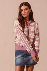 SO ME Floral Stripe Polo Collar Sweater Trendsi
