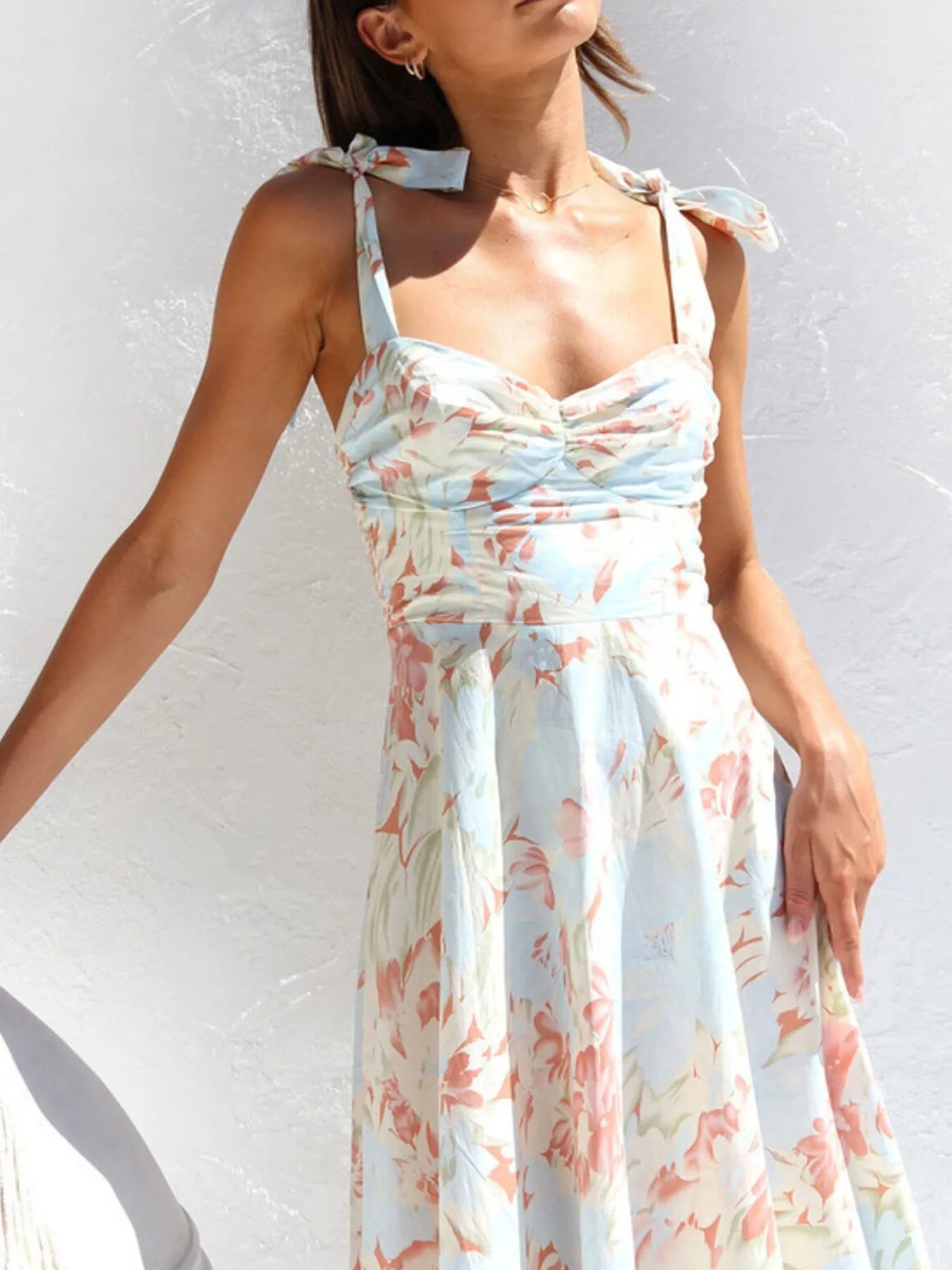 Tie-Shoulder Sweetheart Neck Summer Dress Apricot OutfitFlow