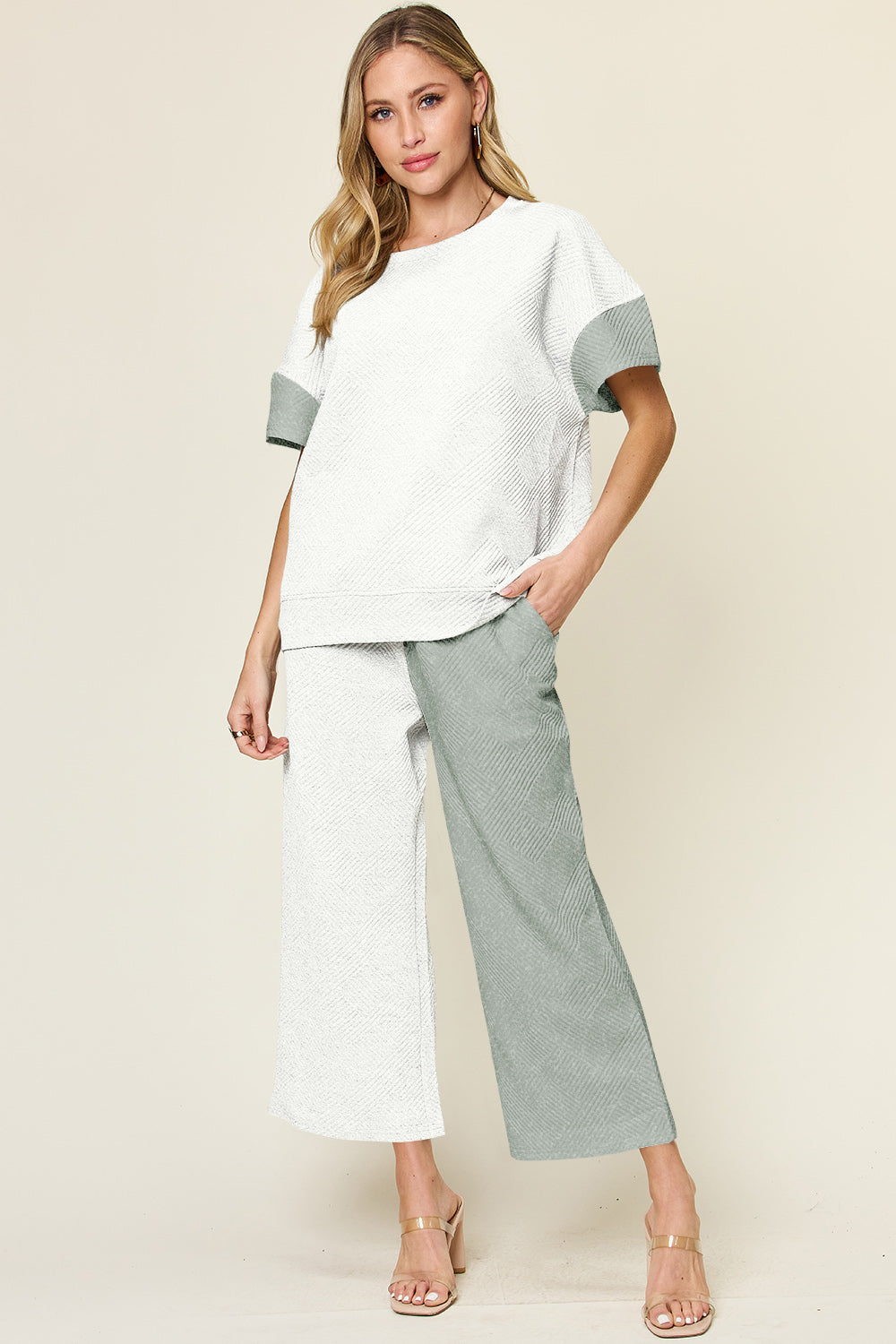 Outfit Flow - Double Take Full Size Texture Contrast T-Shirt and Wide Leg Pants Set