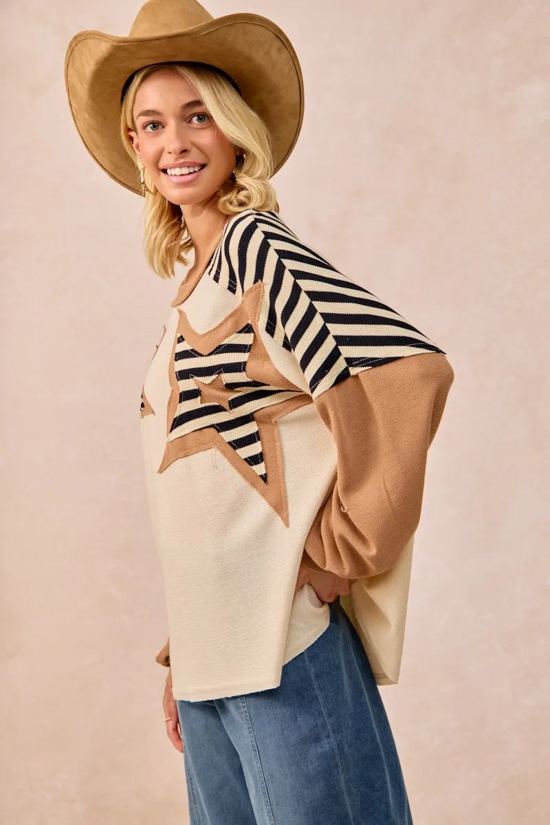 BiBi Star Patchwork Mixed Long Sleeve Top OutfitFlow