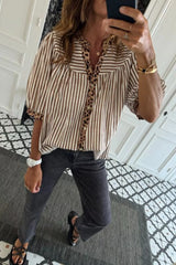 Striped Leopard Trim Button-Down Shirt OutfitFlow