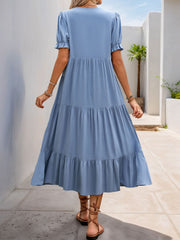 Perfee Decorative Button Notched Short Sleeve Midi Dress