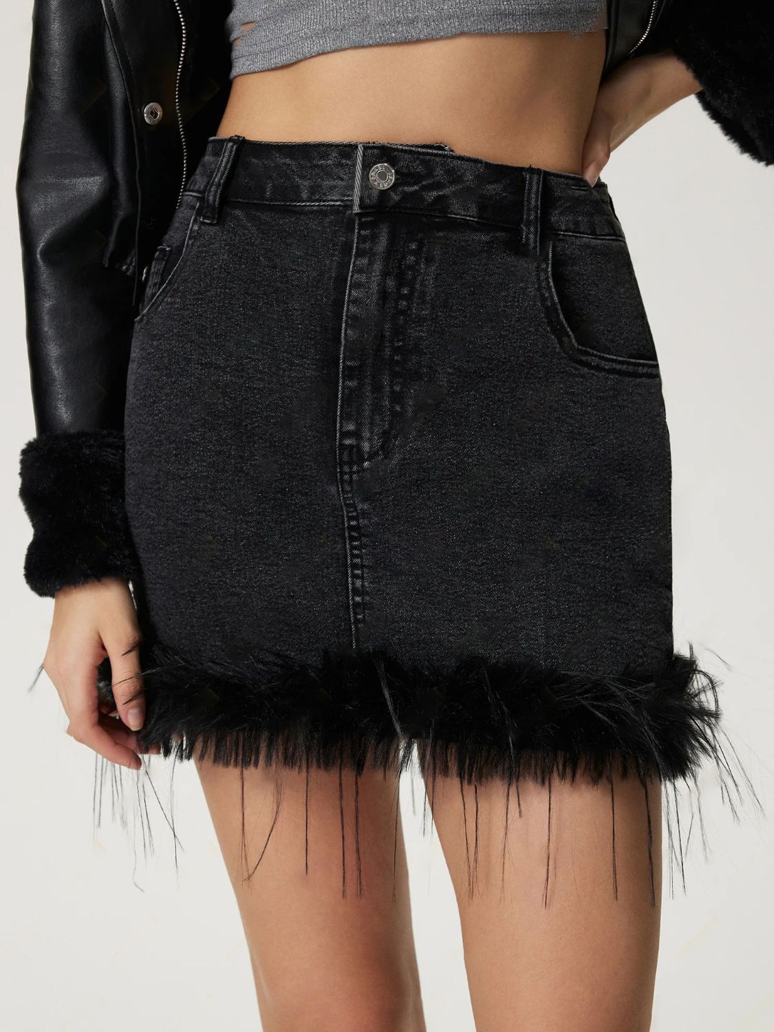 Outfit Flow - Plush Hem Mini Denim Skirt