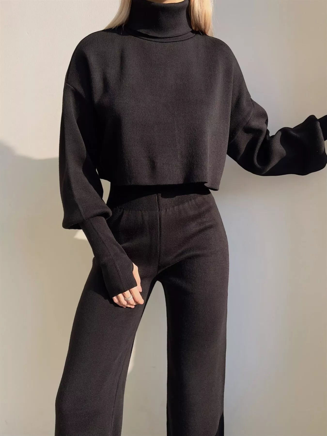 Turtleneck Long Sleeve Top & Pants Set OutfitFlow