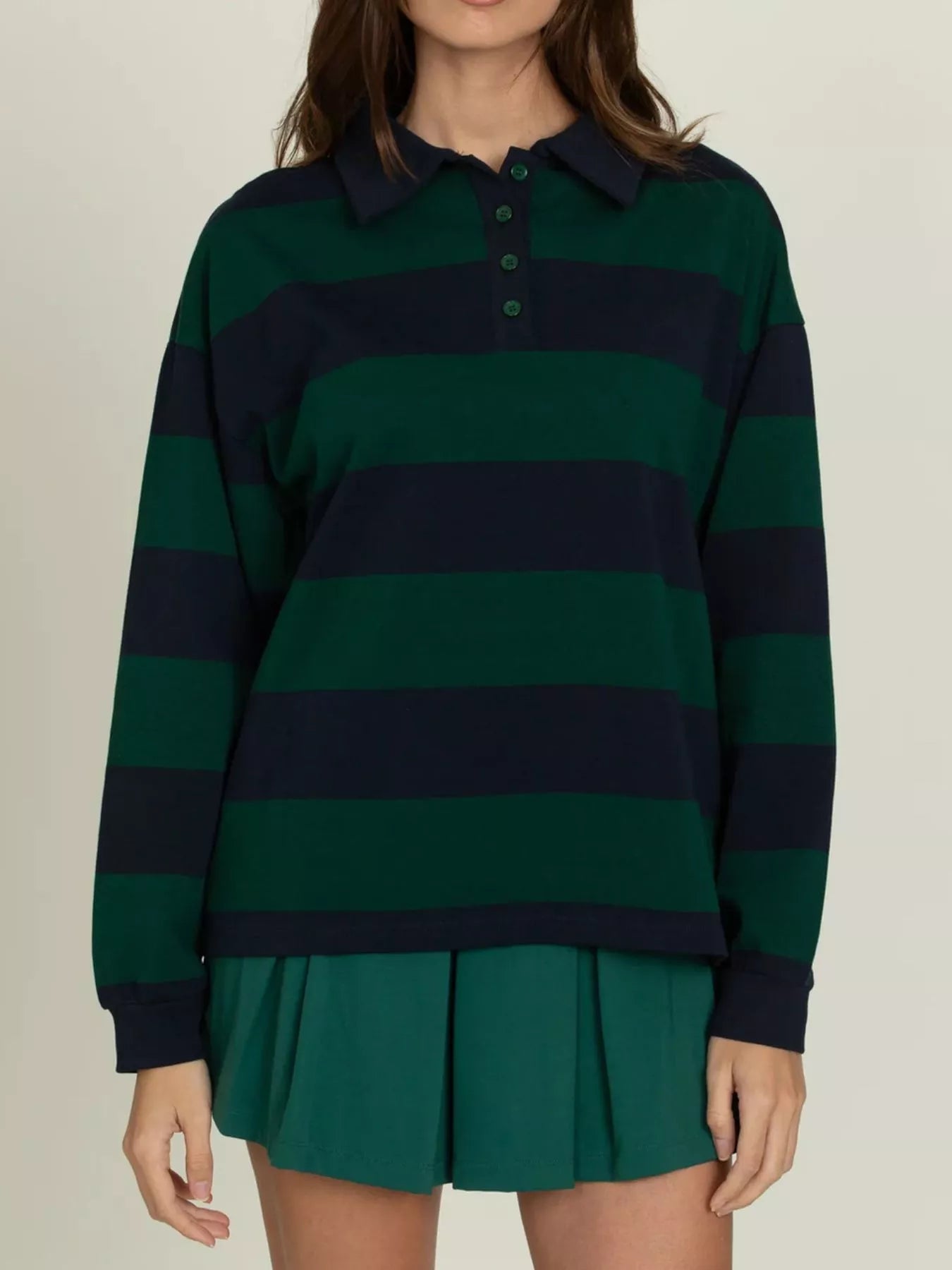 Striped Polo Collar Sweatshirt with Button Details OutfitFlow