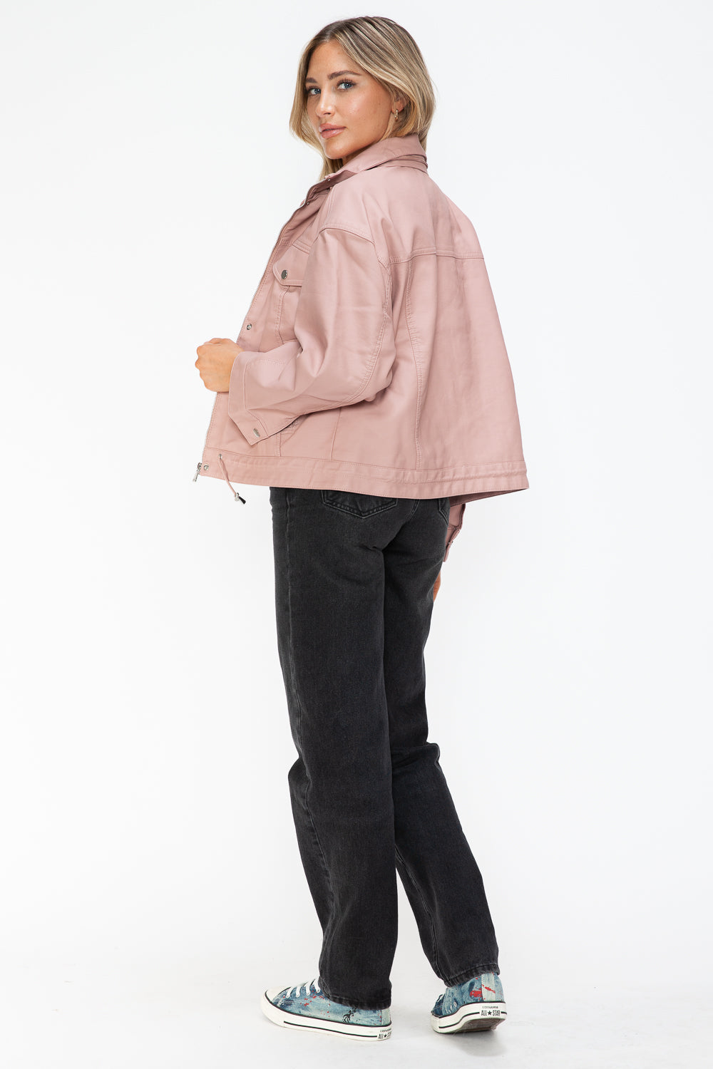 Outfit Flow - How Dare U Drawstring Hem PU Leather Zip Up Jacket