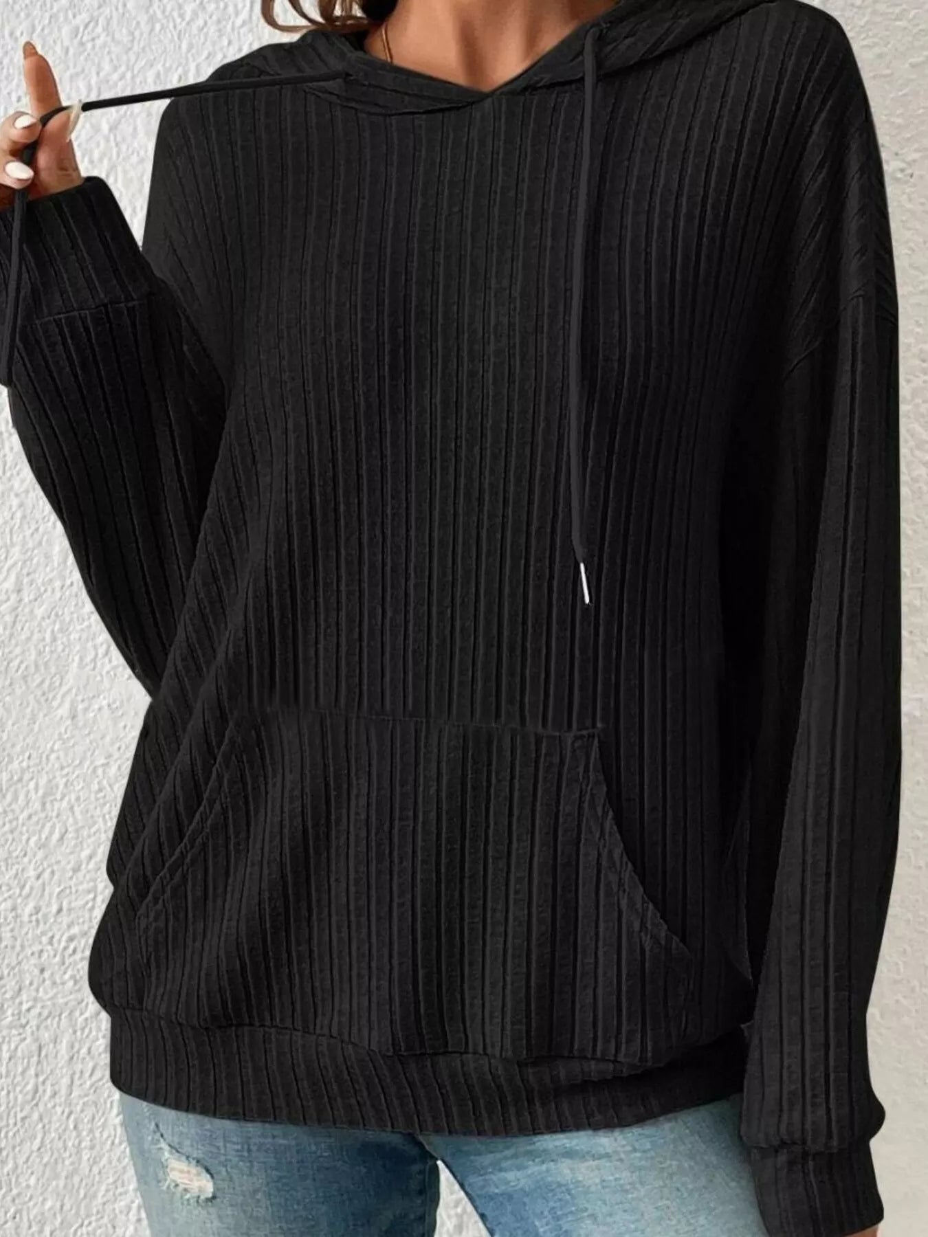 Ribbed Knit Long Sleeve Drawstring Hoodie Black OutfitFlow