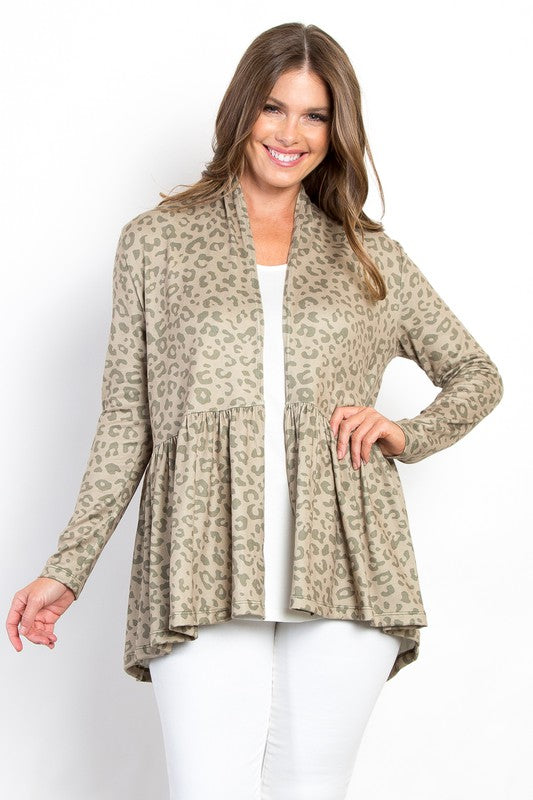 Be Stage Full Size Peplum Leopard Open Front Long Sleeve Cardigan Sage OutfitFlow