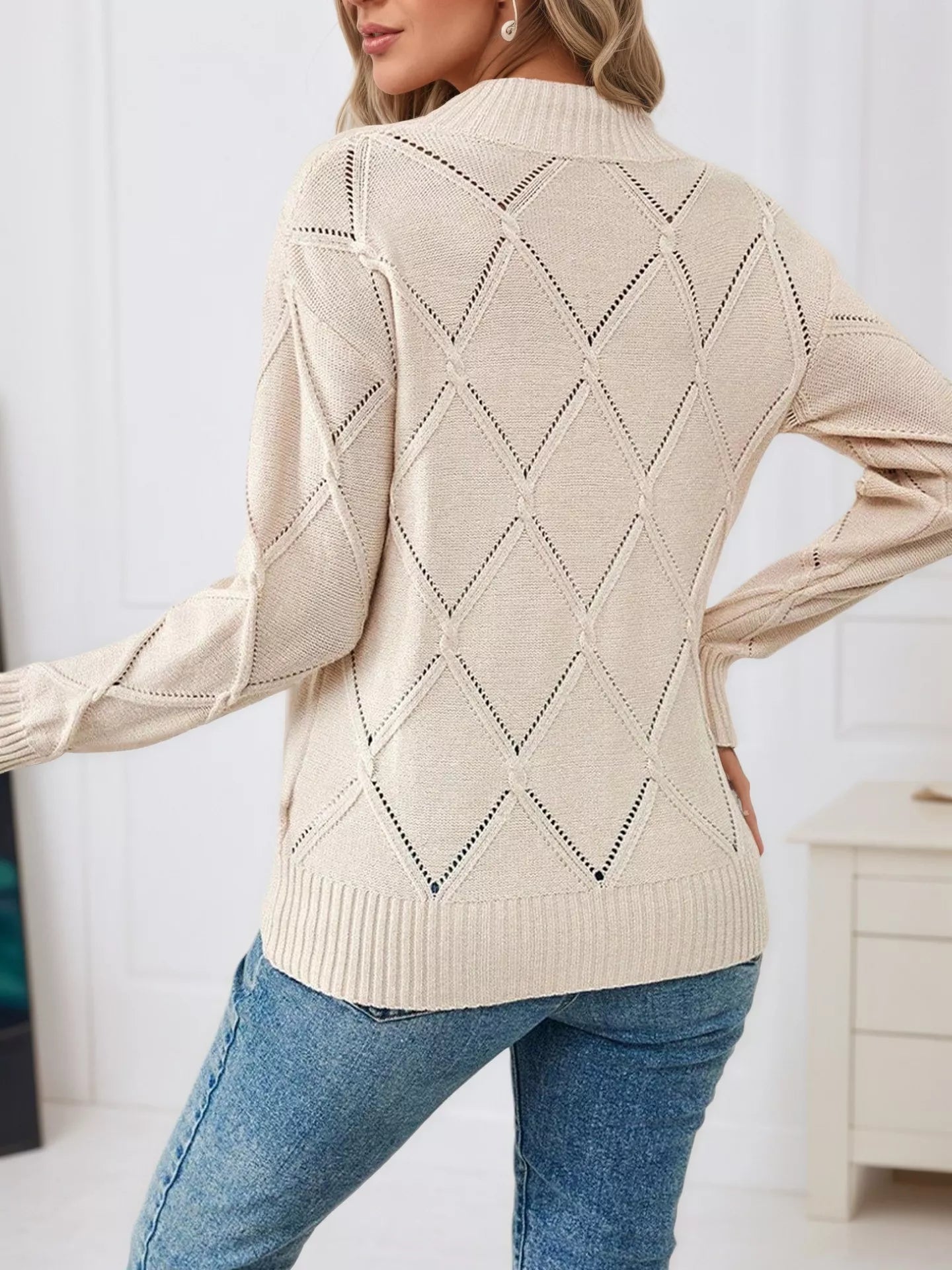 Long Sleeve Diamond Eyelet Knit Top OutfitFlow