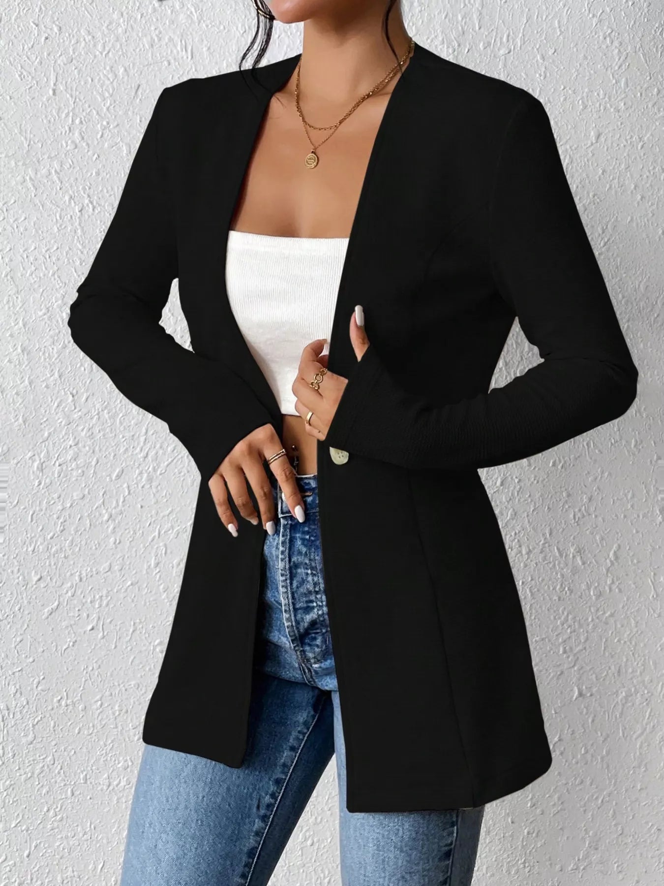 One Button Long Sleeve Blazer Black OutfitFlow