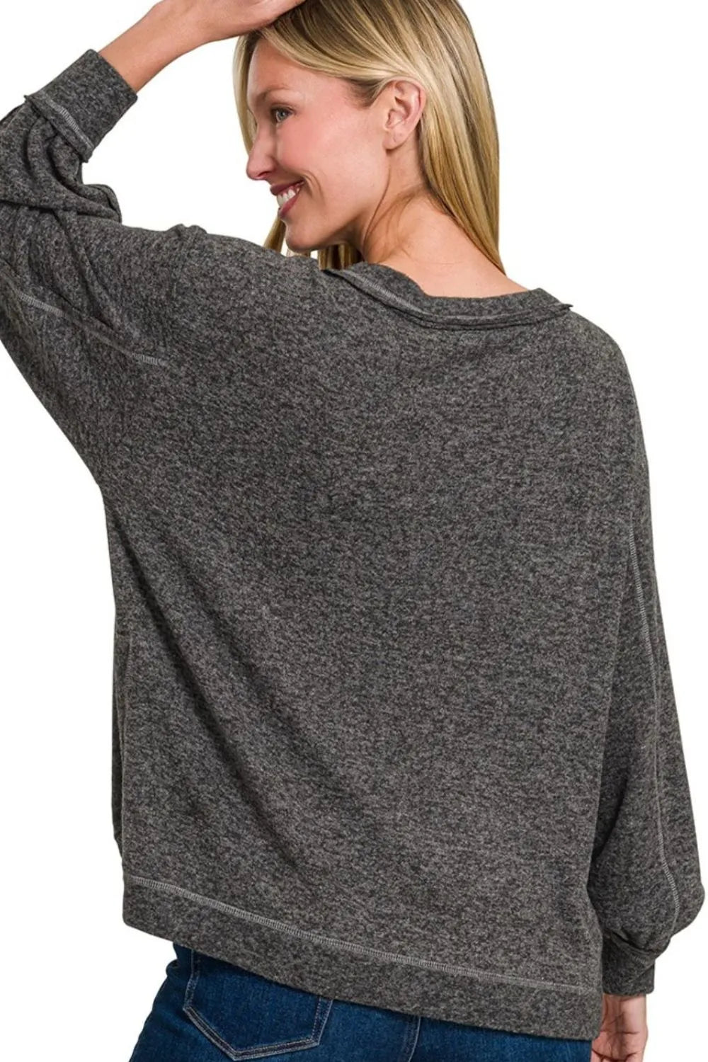 Zenana Brushed Hacci Hi-low Round Neck Knit Top OutfitFlow