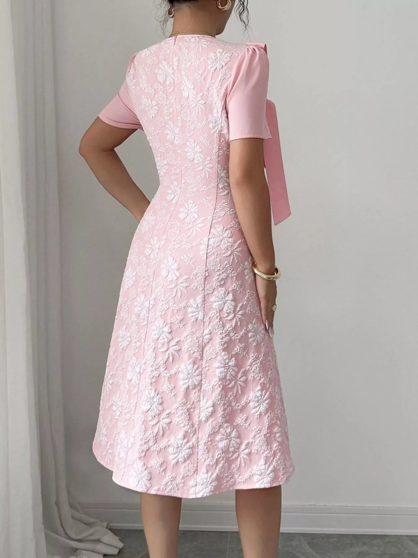 Bow Detail Square Neck Short Sleeve Dress OutfitFlow