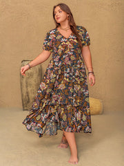 Plus Size V-Neck Short Sleeve Midi Dress OutfitFlow