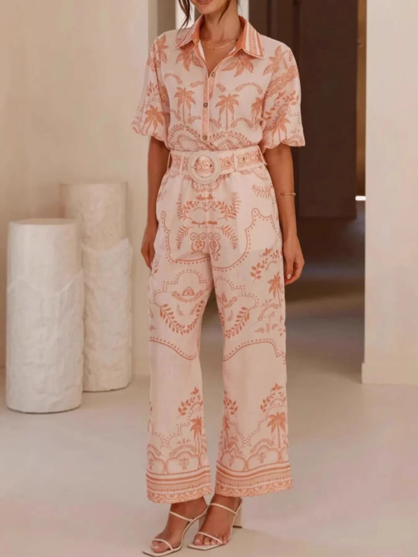 Printed Button Up Shirt and Pants Set OutfitFlow