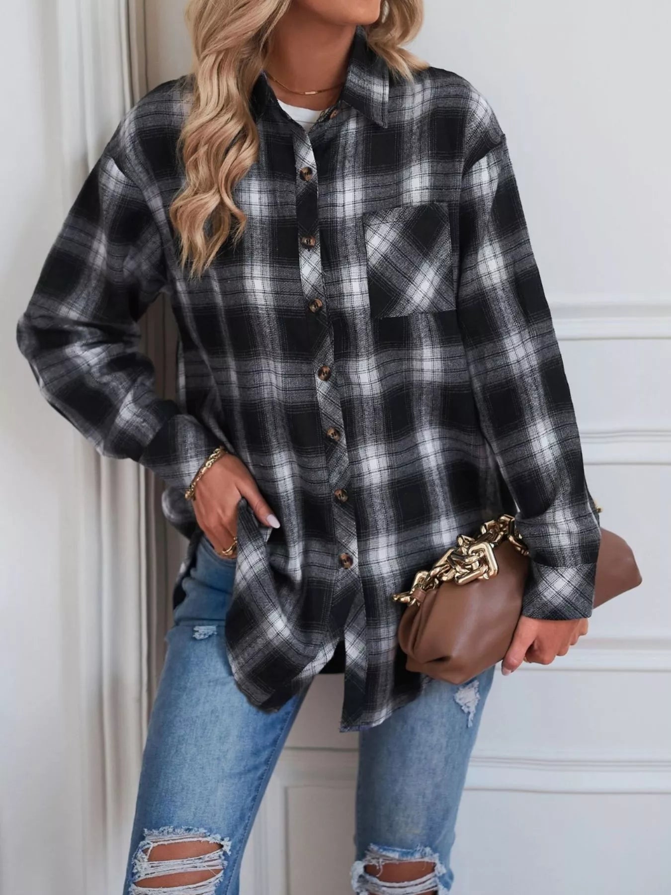 Casual Plaid Button Up Shirt Trendsi
