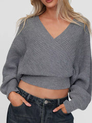Surplice Cropped Sweater with Back Tie Gray OutfitFlow