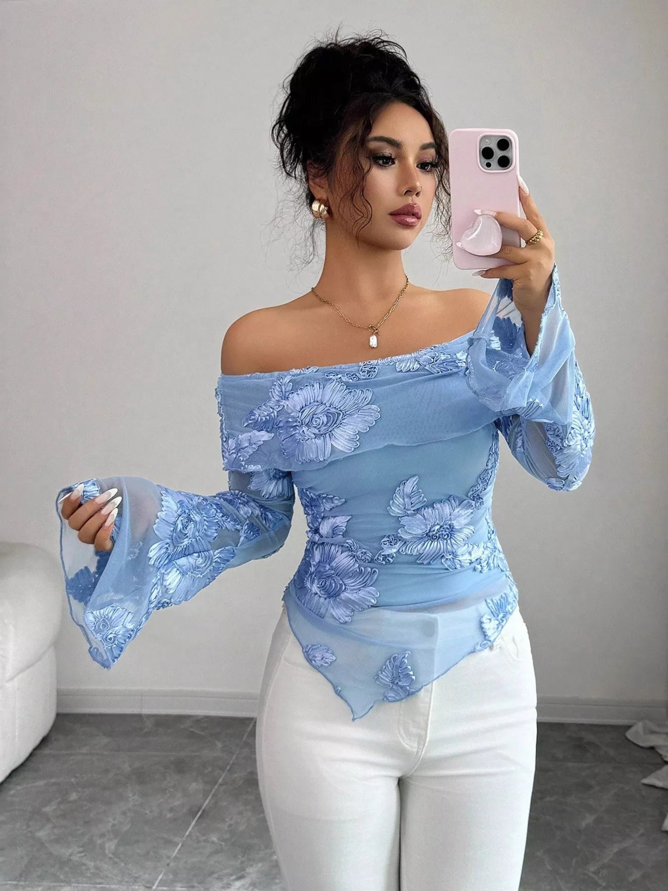 Floral Off-Shoulder Mesh Blouse OutfitFlow
