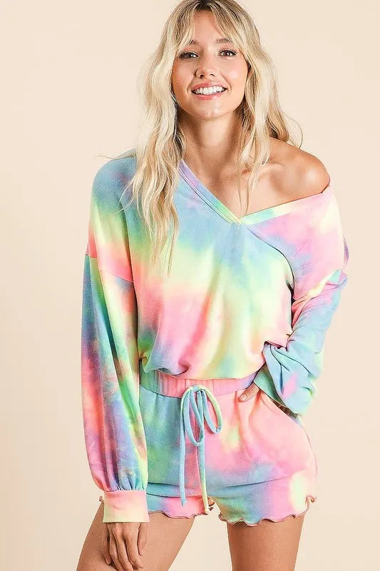 BiBi Tie Dye French Terry Top and Shorts Set OutfitFlow