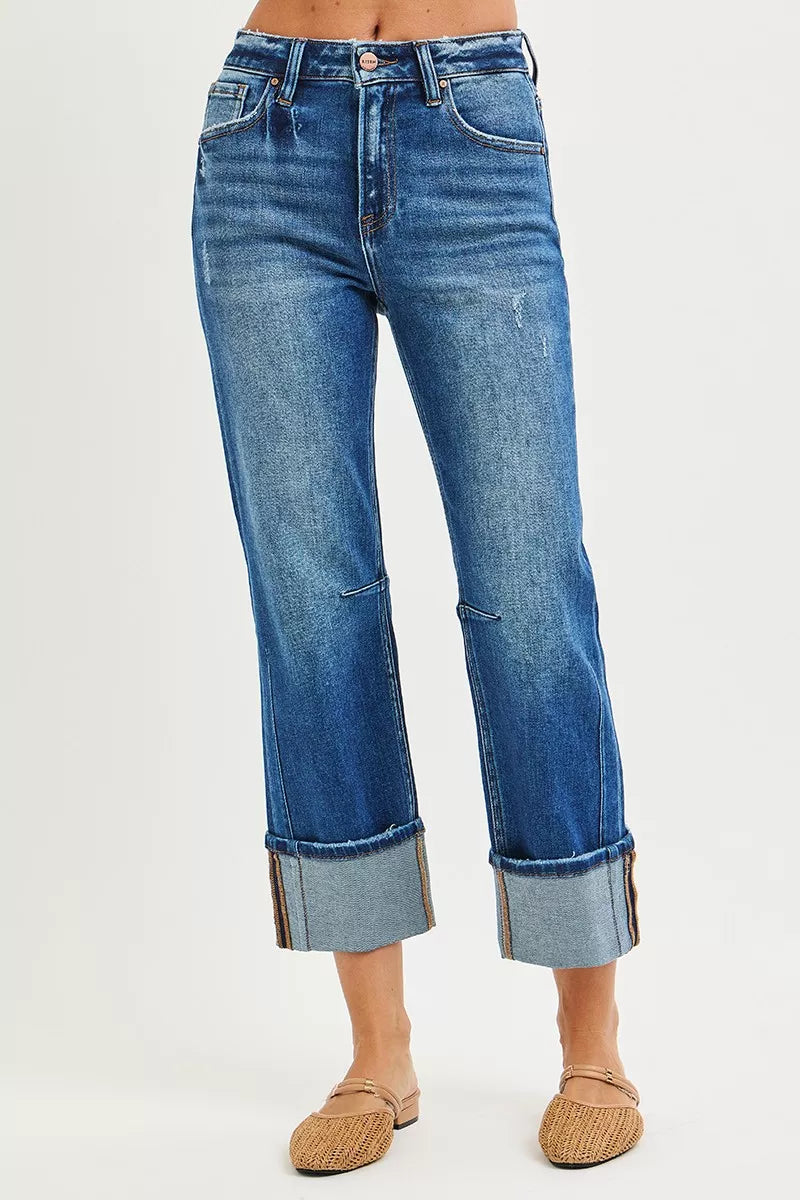 RISEN High Rise Straight Jeans with Distressed Hem OutfitFlow