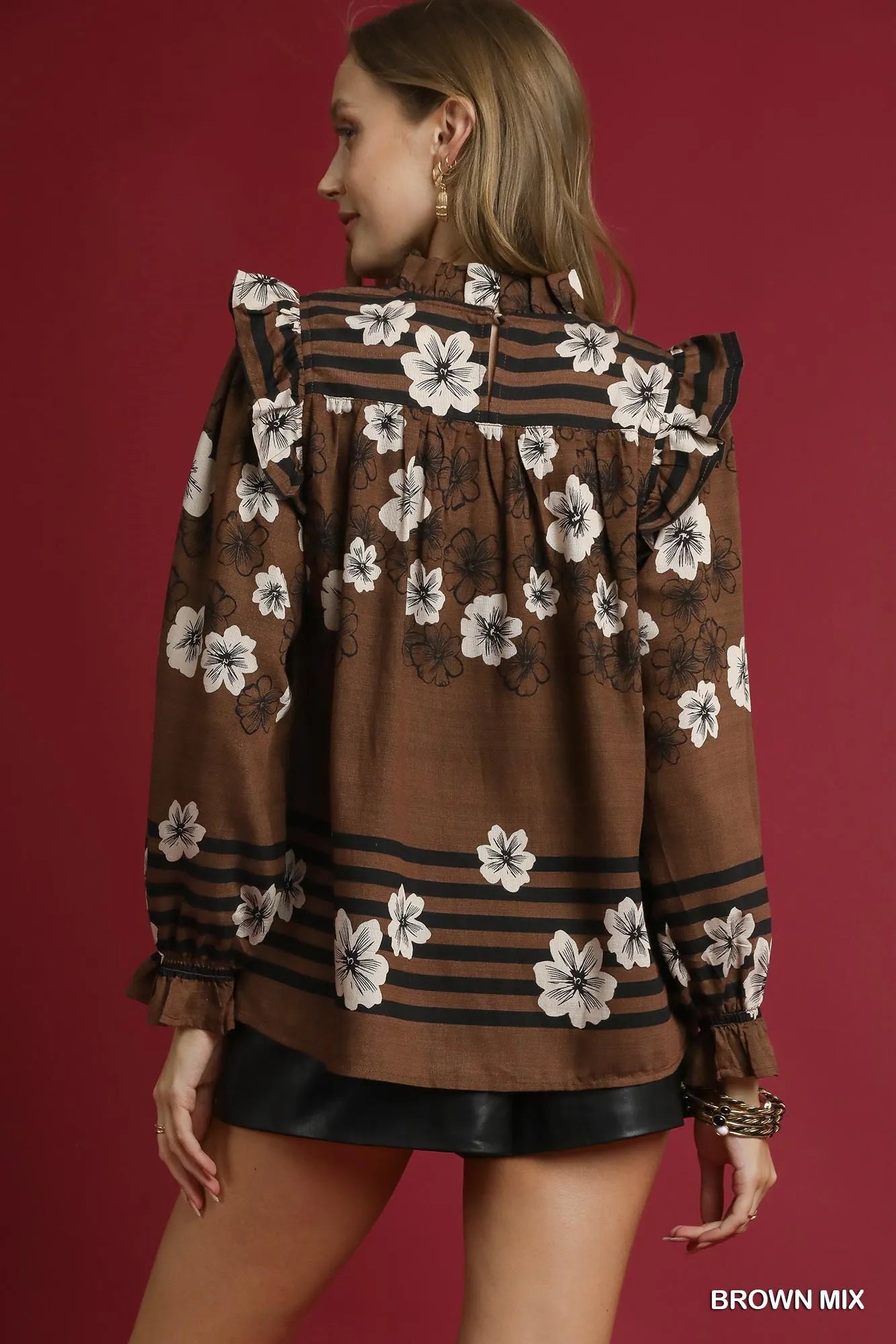 Umgee Full Size Mix Floral Smocked Ruffle Blouse Plus Size Trendsi