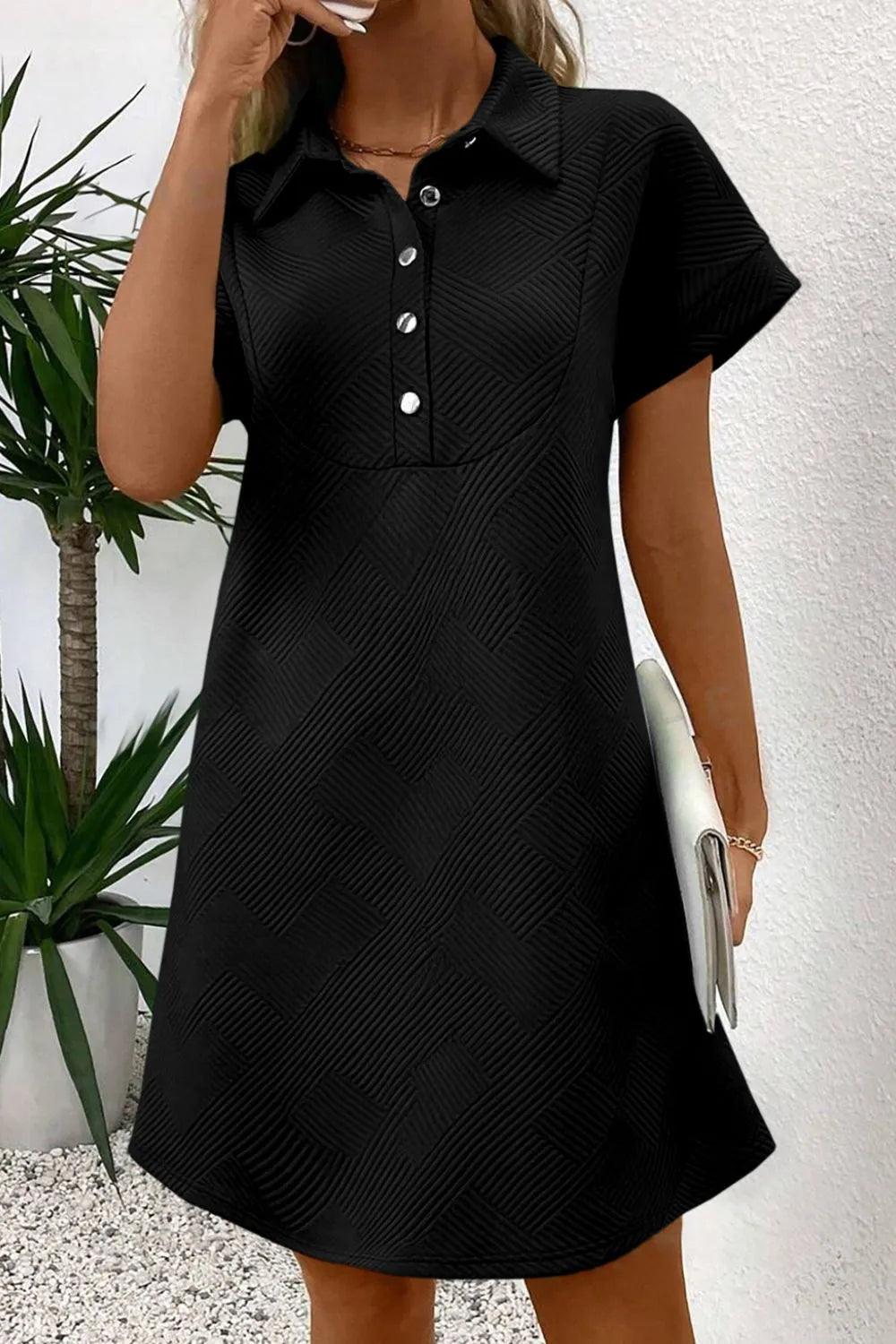 Button Front Short Sleeve Mini Dress Black OutfitFlow