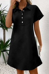 Button Front Short Sleeve Mini Dress Black OutfitFlow
