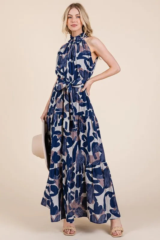 Lime 'N' Chili Abstract Halter Neck Tie-Waist Tiered Maxi Dress OutfitFlow