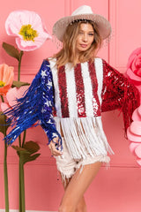 BiBi American Flag Theme Fringe Detailed Sequins Crop Top OutfitFlow