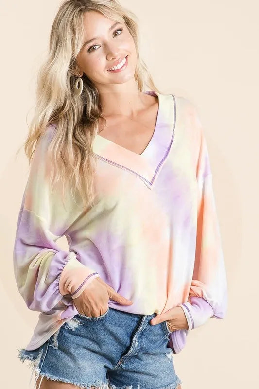 BiBi Tie Dye French Terry V-Neck Top with Puff Sleeves OutfitFlow