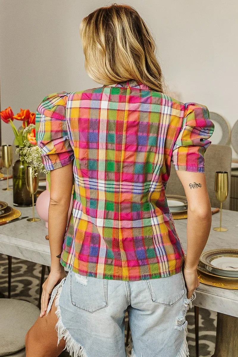 BiBi Short Puff Sleeve Washed Vintage Plaid Top OutfitFlow