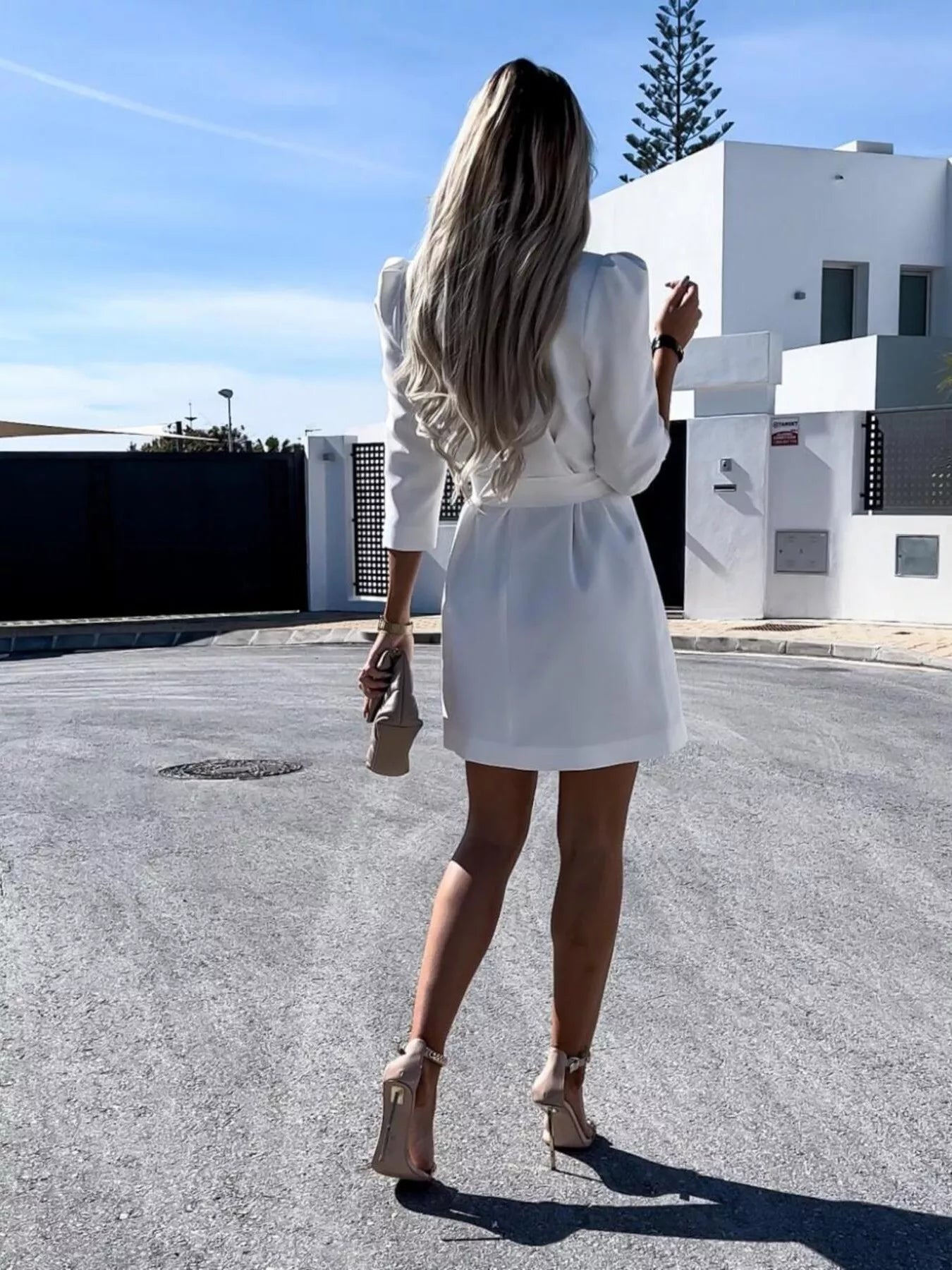 3/4 Sleeve Belted Blazer Dress OutfitFlow