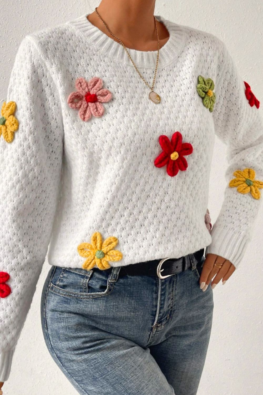 Outfit Flow - Crochet Flower Round Neck Long Sleeve Sweater