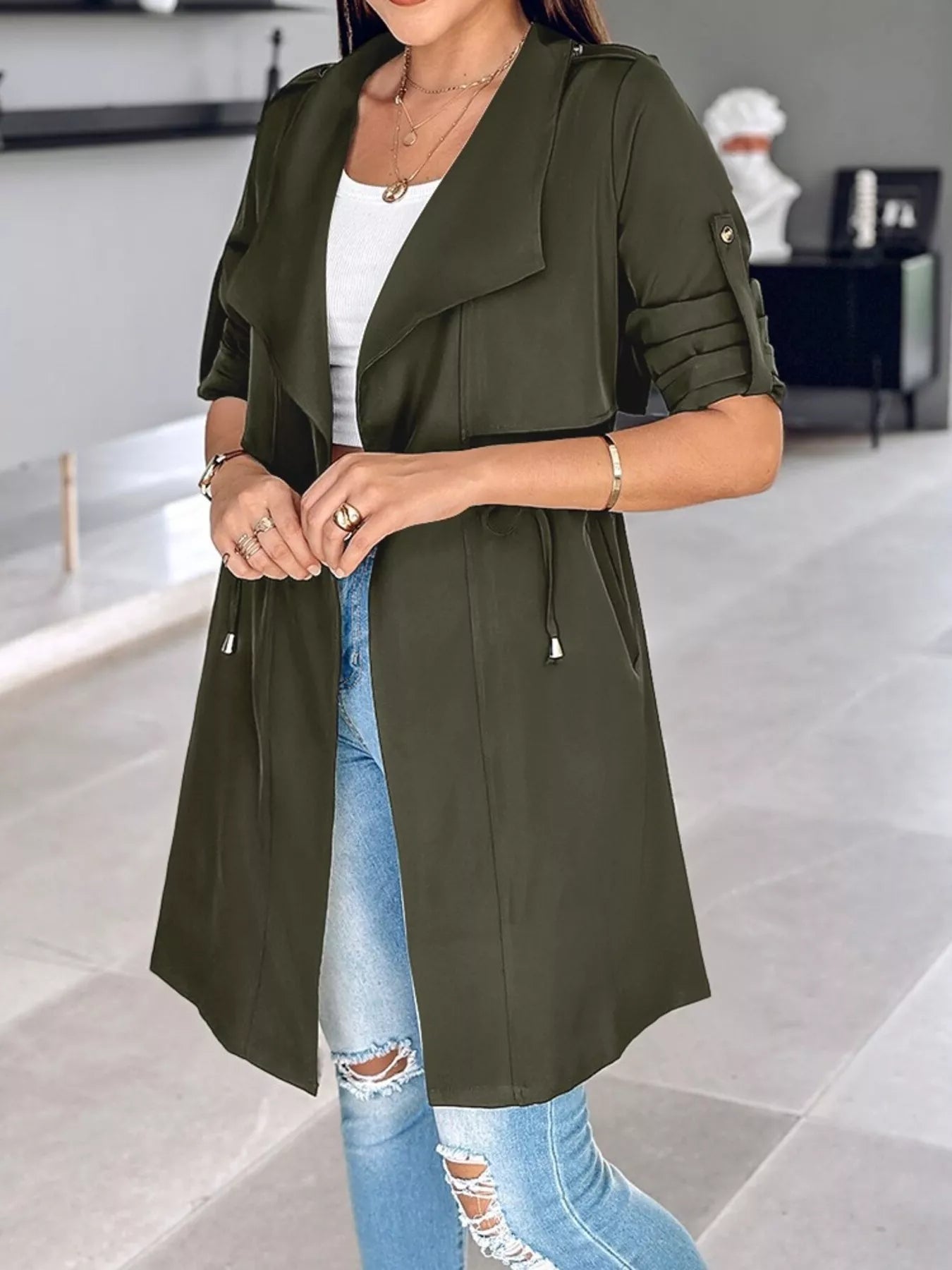 Drape Collar Lightweight Trench Coat OutfitFlow